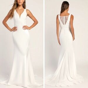 Lulus Long Lasting Love Ivory Lace V-neck Mermaid Wedding Dress S